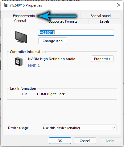 Вкладка «Улучшения» в свойствах аудиоустройства в Windows 11