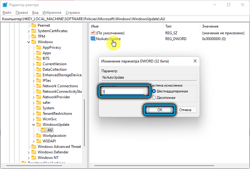 Значение параметра «NoAutoUpdate» в реестре Windows 11