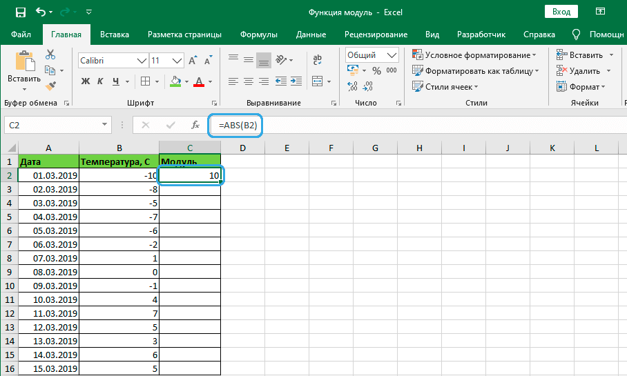 Расчёт модуля в ячейке таблицы в Excel