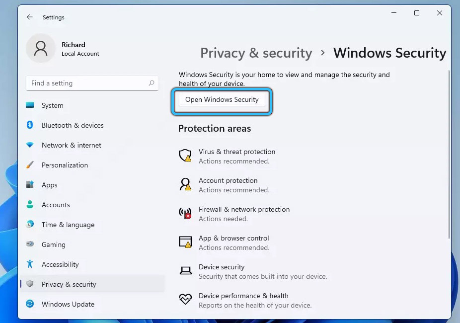 Кнопка «Open Windows Security» в Windows 11