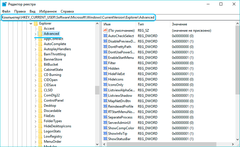 Папка Advanced в реестре Windows 10 копия