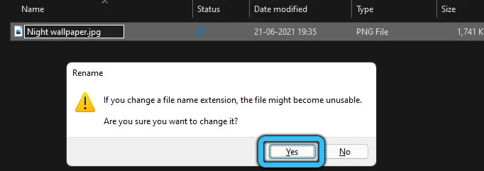 Подтверждение изменения расширения в Windows 11