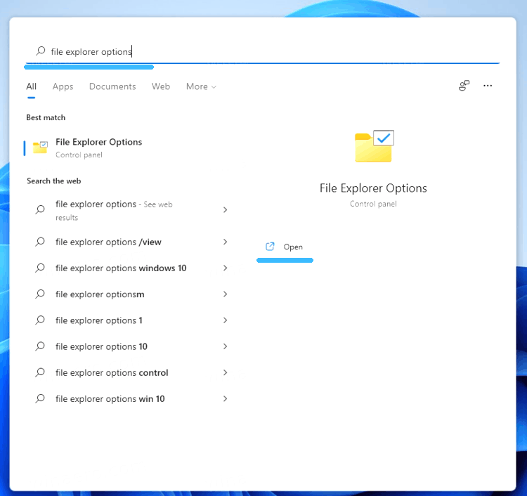 Поиск «file explorer options» в Диспетчере задач в Windows 11