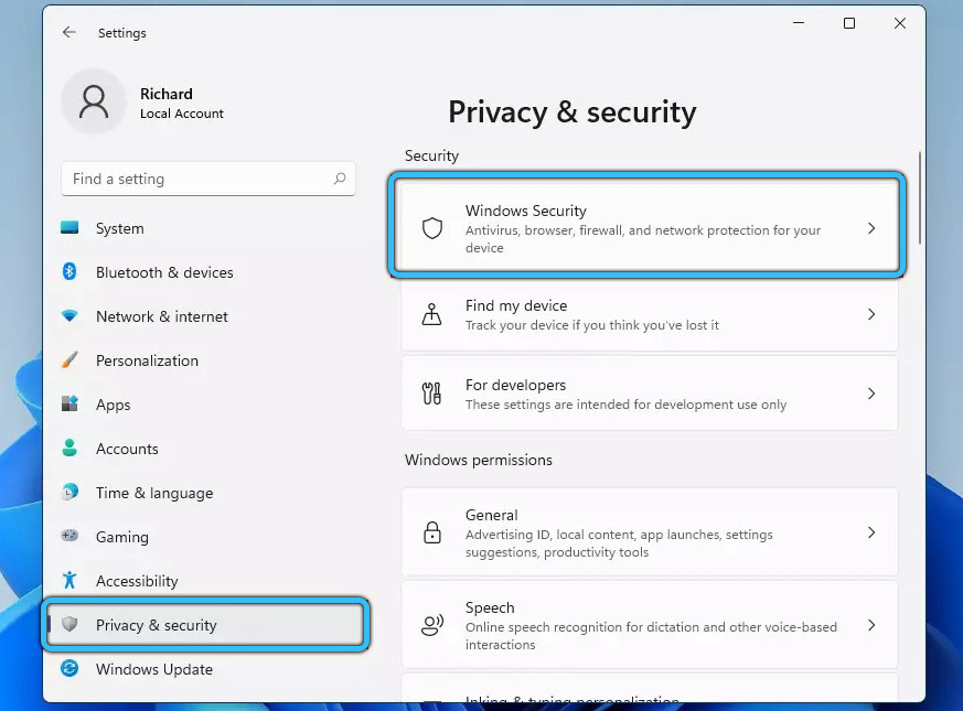 Раздел «Безопасность Windows» в Windows 11
