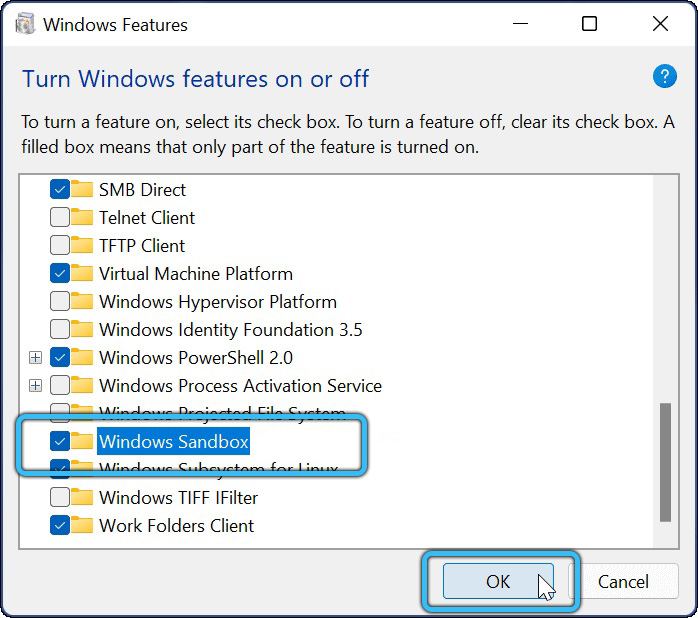 Пункт Windows Sandbox в Windows 11