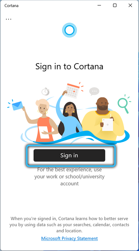 Вход в Cortana в Windows 11