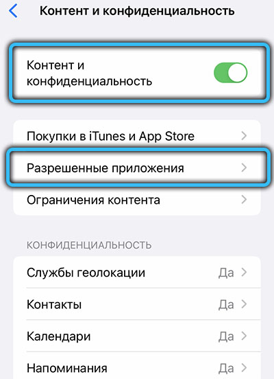 Пункт «Разрешённые приложения» на iPhone