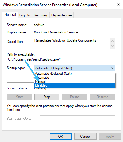 Отключение Windows Remediation Service в Windows
