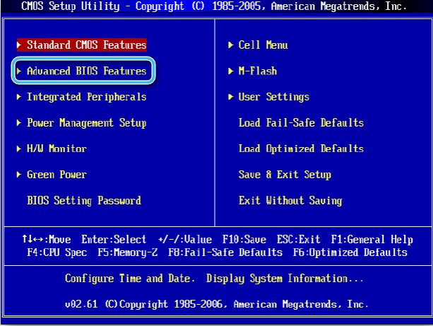 Пункт Advanced BIOS Features