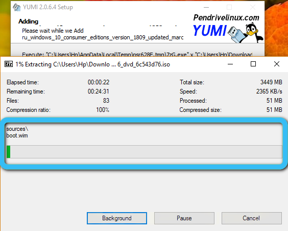 Процесс записи в YUMI Multiboot USB Creator