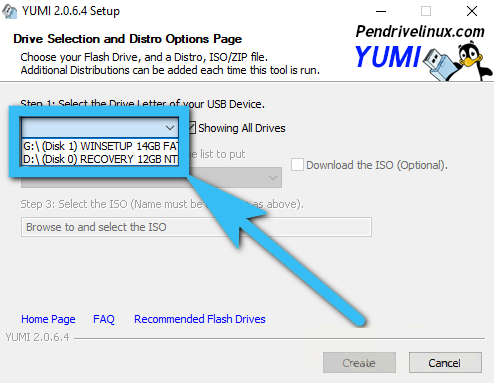 Выбор накопителя в YUMI Multiboot USB Creator