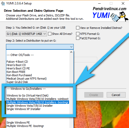 Выбор типа загрузчика в YUMI Multiboot USB Creator