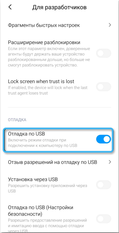 Пункт «Отладка по USB» на Android